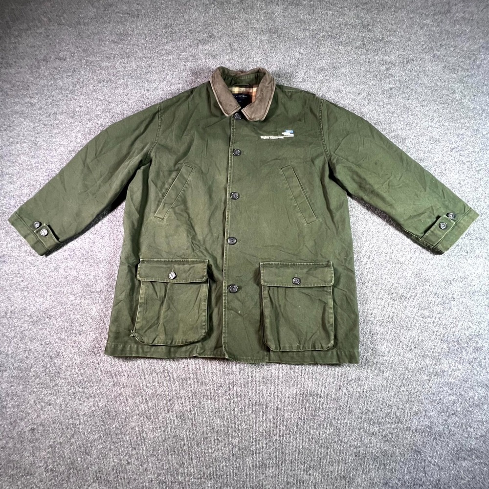 VTG Lands' End Barn Jacket Mens Large Green Canvas Button Front Utility Pockets